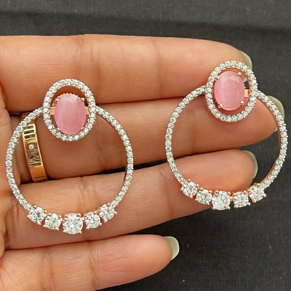 14k Rose Gold Plated American Diamond 3-In-1 Earrings - Picture 6 of 9